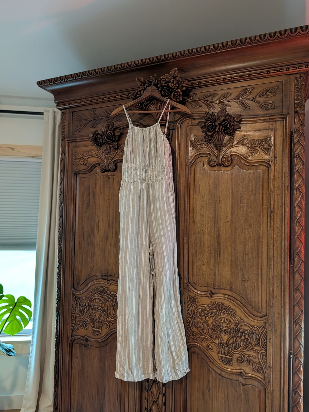 Old Navy Cream and Light Gray Striped Linen-Blend Wide-Leg Jumpsuit